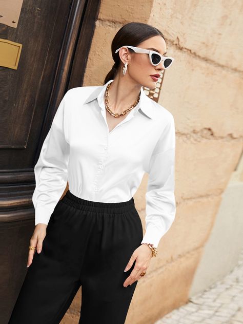 Drop Shoulder Shirt, White Shirt Blouse, Fotos Goals, Pocket Sweater, Rose Bonbon, Sweater Vest Women, Plain Shirt, Style Noir, Women Blouses