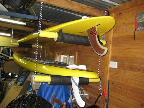 My roller SUP board racks. Kayak Storage Shed, Surf Storage, Kayak Diy, Paddle Board Storage, Storage Basement, Surfboard Storage, Kayak Storage Rack, Surfboard Rack, Kayak Storage