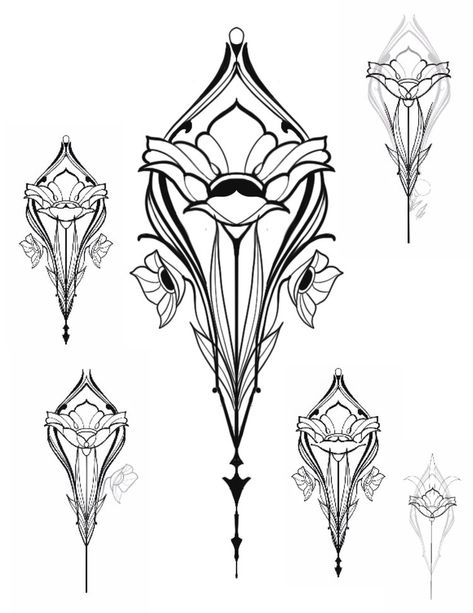 Art Deco Florals — Ink & Dagger Tattoo Art Nuevo Tattoo, Ornamental Flower Tattoo, Art Nouveau Floral Tattoo, Art Nouveau Flowers Illustration, Art Nouveau Tattoo Design, Art Deco Flowers, Art Deco Drawing, Art Deco Tattoo, Art Nouveau Tattoo