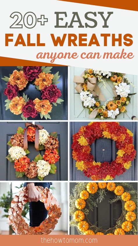 If you'd love to create a gorgeous fall wreath for your front door, these 20+ easy wreath ideas should give you plenty of inspiration! Click to check out these easy DIY projects you can do with the kids or your partner! Diy Wreaths For Beginners, Fall Foam Wreath Ideas, September Wreaths For Front Door Diy, Diy Easy Fall Wreath, Assisted Living Door Decorations, Wreath Fall Diy, Diy Fall Wreath Easy, Dollar Tree Wreath Ideas Easy Diy, Fall Outdoor Wreaths