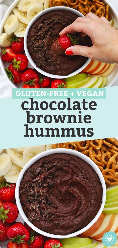 Chocolate Brownie Hummus - This chocolate hummus (yes, really!) makes an awesome snack with fruit, pretzels, and more. We love this easy Trader Joe's copycat. (Gluten-free, Vegan) // Chocolate Hummus // Brownie Batter Hummus // Chocolate Dip // Healthy Dessert // Vegan Dessert // Chocolate Fruit Dip // Dessert Hummus #healthydessert #vegan #chocolate #hummus #fruitdip Brownie Hummus, Hummus Chocolate, Vegan Dessert Chocolate, Brownie Batter Hummus, Dip Dessert, Dessert For A Crowd, Dip Healthy, Vegan Chocolate Brownies, Chocolate Hummus