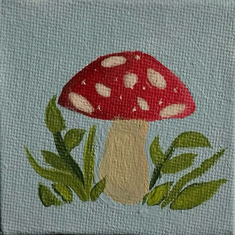 acrylic painting of mushroom Mushroom Drawing Canvas, Simple Acrylic Paint Doodles, Simple Painting Ideas Mushroom, Mushroom And Frog Painting, Small Rectangle Painting Ideas, Whimsical Mushroom Painting, Marker Art Mushroom, Cute Easy Mushroom Painting, Painting Mushrooms Easy