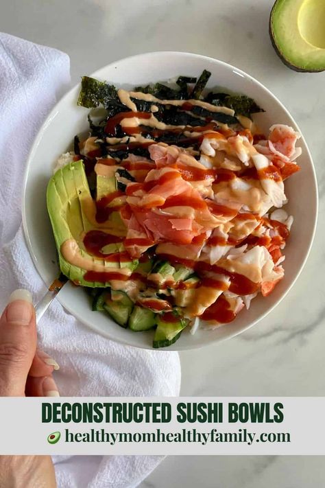 These Deconstructed Sushi Bowls allow you to enjoy all of your favorite sushi flavors in a quick and easy meal for the busiest of days. #bowlmeals #sushibowls #quickandeasymeals #30minutemeals #deconstructedsushibowls Sushi Flavors, Deconstructed Sushi, Sushi Bowls, 30 Minute Meals Easy, Sushi Bowl, Pickled Ginger, English Cucumber, Jasmine Rice, 30 Minute Meals