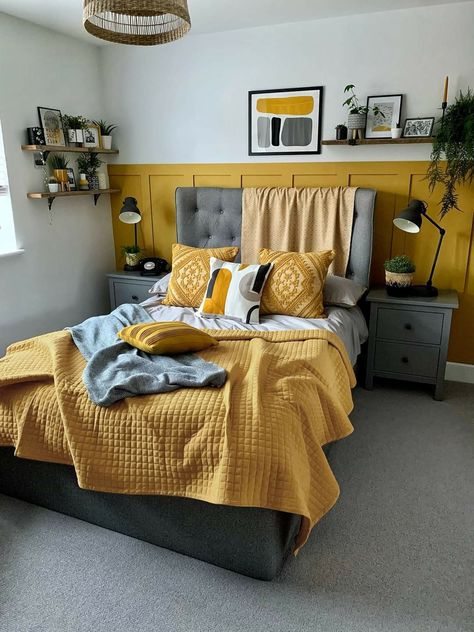 Grey Mustard Bedroom, Grey And Mustard Bedroom, Mustard And Grey Bedroom, Male Bedrooms, Mustard Bedroom, Mustard And Grey, Vision Boarding, Grey Room, Yellow Bedroom