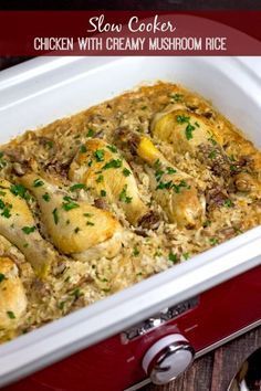 Slow Cooker Chicken with Creamy Mushroom Rice | bakeatmidnite.com | #slowcooker #crockpot #chicken #rice Creamy Mushroom Rice, Crockpot Chicken Thighs, Crockpot Casserole, Mushroom Rice, Cream Of Mushroom Soup, Cream Of Mushroom, Instant Pot Recipes Chicken, Chicken Slow Cooker Recipes, Crock Pot Slow Cooker