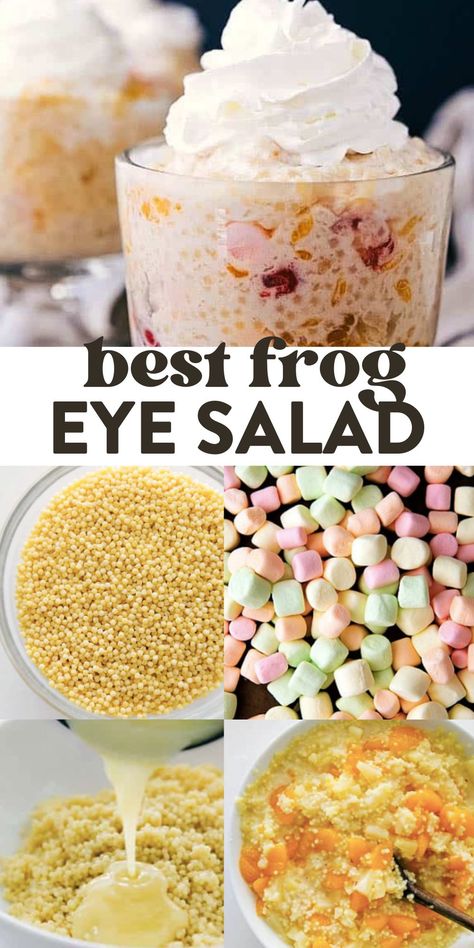 Frog Eye Salad is a retro side or dessert “salad” with canned fruits, acini de pepe pasta, and whipped topping–and a silly name! #sidedish #best #quick #easy #simple #treat #frogeye #salad Frog Eyed Salad Recipe, Frog Eye Salad Recipe Original, Frog Eyed Salad, Frogeye Salad, Frog Eye Salad Recipe, Frog Eye Salad, Colorful Salad, Retro Desserts, Chelsea's Messy Apron