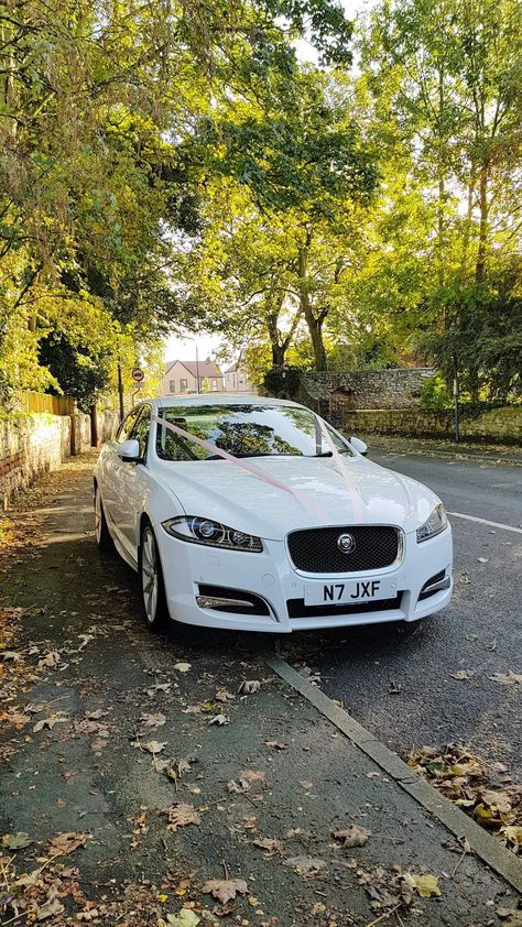 White Jaguar XF Sport Yorkshire wedding car with blush pink ribbons White Jaguar Car, White Jaguar, Jaguar Sport, Yorkshire Wedding, Diwali Decorations At Home, Wedding Cars, Maserati Quattroporte, Jaguar Xe, Jaguar Car