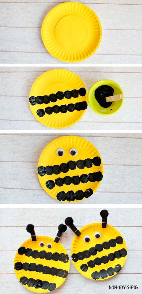 Easy paper plate bee craft for preschoolers and older kids. This easy spring craft is perfect for an insect study unit in the classroom. Paint a paper plate and make the black strips with a pom pom. | at Non-Toy Gifts Plate Crafts For Kids, Bee Craft, Bee Crafts For Kids, Craft For Preschoolers, Paper Plate Crafts For Kids, Insect Crafts, Non Toy Gifts, Bug Crafts, Spring Preschool