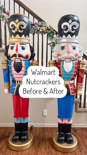 Nutcrackers Makeover, Christmas Porch Nutcracker, Giant Nutcracker Makeover, Large Nutcracker Front Porch, 75 Inch Nutcracker, Painted Walmart Nutcracker, Nutcracker Front Porch Decor, Walmart Nutcracker Painted, Outdoor Nutcracker Christmas Decor