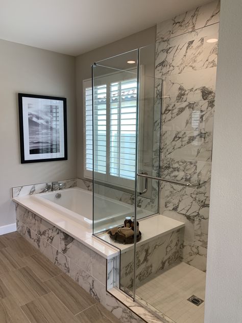 Jacuzzi Bathroom Remodel, Tub Shower Combo Remodel With Window, Bathroom Ideas With Garden Tub, Bathrooms With Garden Tubs, Whirlpool Tub With Shower Combo, Small Bathroom Deep Tub, Small Bathroom With Jetted Tub, Bathroom Remodel Garden Tub, Jet Tub Shower Combo Master Bath