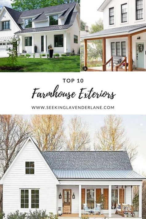 Top 10 White Farmhouse Exteriors - Seeking Lavendar Lane Rock Farmhouse Exterior, Farmhouse Style Siding, Farmhouse Exterior Siding Ideas, Farmhouse Style Homes Exterior, Antique Farmhouse Exterior, White Farmhouse Black Roof, Farmhouse Roof Styles, White Farmhouse White Windows, 1920 Farmhouse Exterior