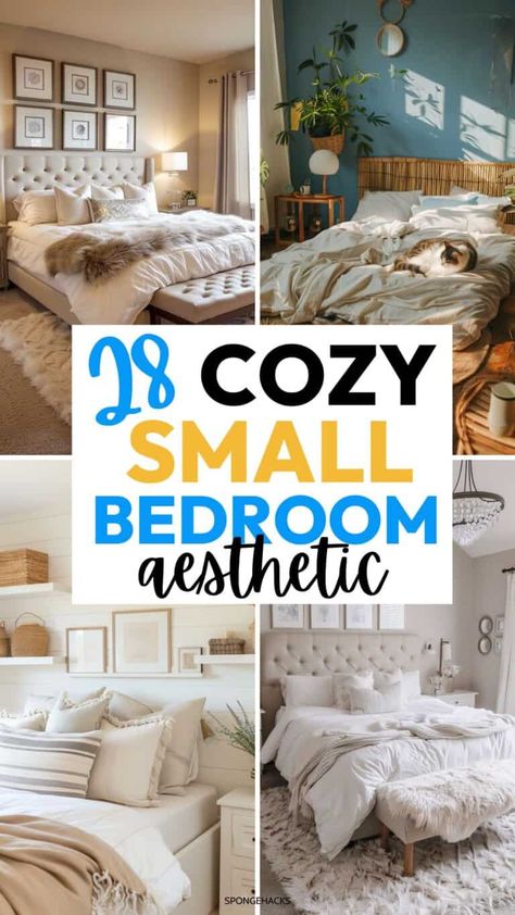 Twenty Something Bedroom, Tiny Primary Bedroom, Make Small Bedroom Look Larger, Small Master Bedrooms Decor Ideas, Tiny Master Bedrooms Decor, Small Bedroom Inspirations Cozy, Small Spare Bedroom, Bedroom Ideas Small Room, Small Cozy Bedroom