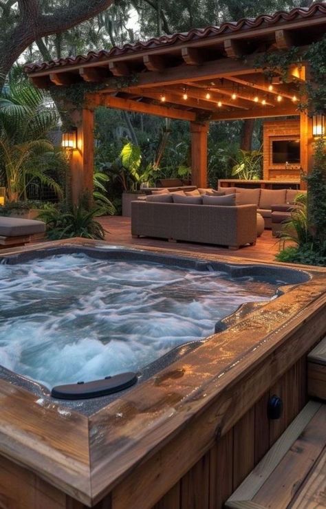 Peaceful Water, Hot Tub Patio, Hot Tub Backyard, Hot Tub Garden, Dream Life House, Jacuzzi Outdoor, Backyard Inspo, Patio Designs, Backyard Living