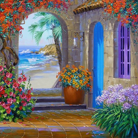 coastal painting images - Google Search Mikki Senkarik, Greece Painting, Greek Paintings, Greece Art, 수채화 그림, Nature Art Painting, Beginner Painting, Santorini Greece, Painting Art Projects