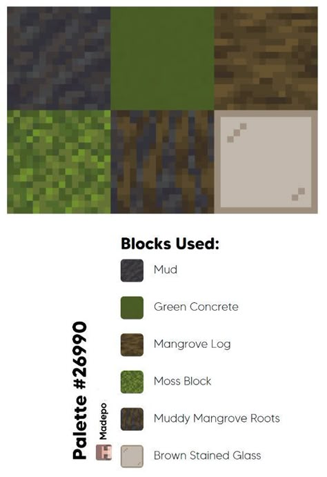 Minecraft Block Pallete including mud, green concrete, mangrove log, moss block, muddy mangrove roots, and brown stained glass. Cute, cottagecore, green, nature, mc, mcyt, minecraft 1.19, cute pallete, dark pallet, follow for more! Cute Pallete, Minecraft Roof, Cottagecore Green, Green Concrete, Cottagecore Minecraft, Minecraft Blocks, Minecraft Banner Designs, Minecraft Interior Design, Minecraft House Plans