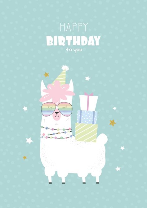 Birthday greeting card with a llama. Funny alpaca wearing a birthday cap and presents. Template for children's room decoration, poster, baby shower. Lama Birthday Cards, Happy Birthday Llama, Llama Drawing, Birthday Llama, Funny Alpaca, Birthday Cap, Llama Funny, Piñata Ideas, Poster Baby