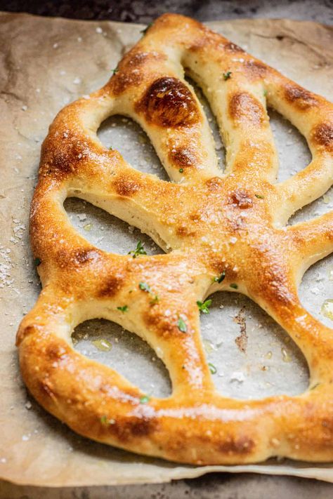 baked fougasse. Wood Fire Oven Recipes, Fougasse Bread Recipe, Fougasse Recipe, Fougasse Bread, Savory Baked Goods, Beautiful Bread, Easy Cheese, Flaky Salt, Herbs De Provence