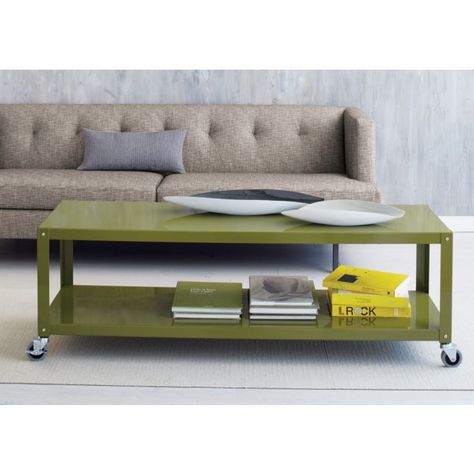 CB2 go-cart two-shelf table-media cart. Industrial steel in glossy moss green or carbon grey. 60"wx18"Dx20"H. Green is currently on sale at CB2 for $99 (as of 27 May). Just ordered mine. Will either use as side shelf to hold plants  underneath windows or to hold TV. Cb2 Coffee Table, Camo Furniture, Narrow Coffee Table, Green Coffee Tables, Coffee Table With Wheels, Trendy Apartment, Room Green, Tv Storage, Tv Stand And Coffee Table