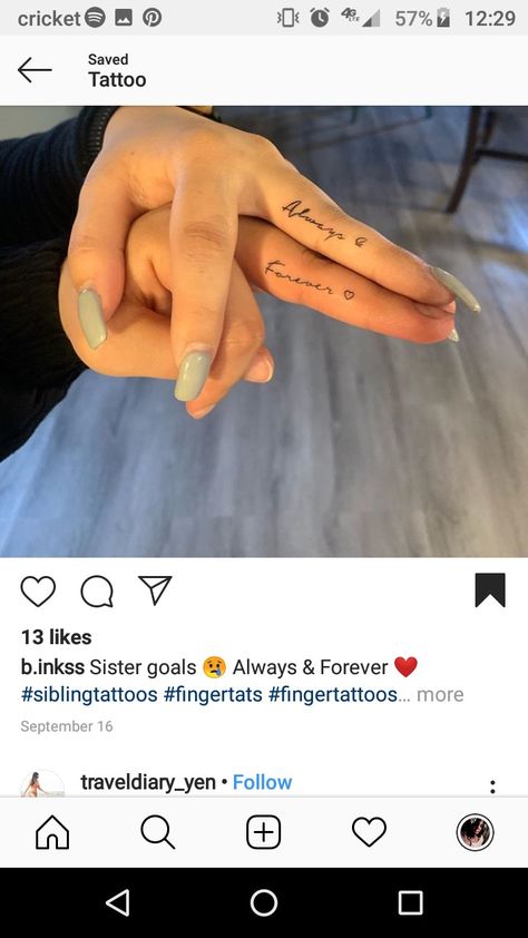 Sister Tattoos On Finger, Matching Tattoos For Best Friends On Finger, Mini Matching Tattoos Best Friends Finger, Hand Tattoos For Friends, Unique Couple Tattoo Ideas, Always And Forever Finger Tattoo, Matching Meaningful Tattoos For Couples, Bff Tattoos Finger, Forever Finger Tattoo