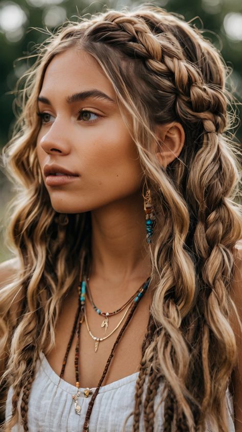 Stunning Jumbo Boho Braids for Long Locks 🌟 Hair With Random Braids, Whimsical Braided Hairstyles, 70s Braids Hairstyles, Easy Boho Hairstyles Long Hair, Long Hair With Braids Boho, Long Hair Extensions Styles Hairstyles, Fairy Princess Hair, Braids That Last Long, Pirate Braids