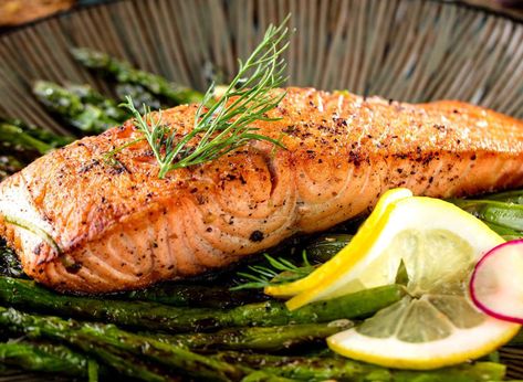 2. Eat low mercury oily fish two times a week. - Provided by Eat This, Not That! Lemon Dill Salmon, Lemon Pepper Salmon, Dill Salmon, Salmon Marinade, Parmesan Asparagus, Marinated Salmon, Recipes Salmon, Lemon Dill, Diner Recept