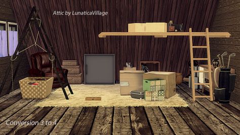 Sims 4 CC's - The Best: Attic Collection  (Conversion 3 to 4) by Lunaticav... Sims 4 Attic Cc, Sims 4 Attic, Attic Furniture, Sims4 Custom Content, Cc Furniture, Attic Loft, Furniture Cc, Sims Custom Content, Sims 4 Furniture