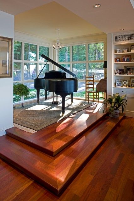 Round Hill House Piano Room - Traditional - Living Room - Baltimore - by Vincent Greene Architects | Houzz Piano Area In Living Room Luxury, Piano House Decor, Grand Pianos In Living Room, Piano Library Room, Piano In House, Grand Piano In Living Room, Piano Room Ideas, House Music Room, Piano In Living Room