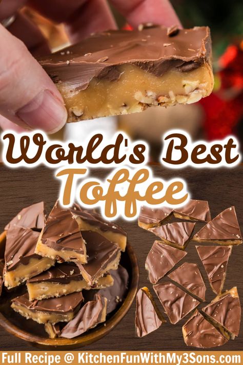 This is by far The Best Toffee Recipe that you'll ever come across, and for good reason! The rich chocolate and salty-sweet toffee are a match made in heaven. It’s a super easy recipe that makes a great holiday snack or gift. Toffee Chocolate Pecan Pie, Enstrom Toffee Copycat Recipe, Best English Toffee Recipe, English Toffee Bars, Homemade Christmas Dessert Gifts, Best Toffee Recipe Ever, Wellington Squares, Microwave Toffee Recipe, Best Toffee Recipe