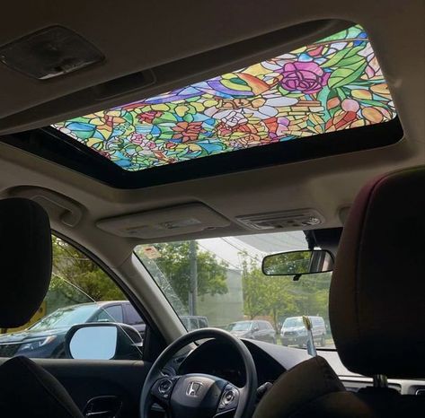 Łindsey Miles - ✨Stained glass window cling on car sun... Car Stained Glass Sunroof, Stained Glass Car Sunroof, Stained Glass Sunroof, Stained Glass Sunroof Car, Car With Sunroof, Sun Roofs, Volkswagen Beetle Accessories, Beetle Accessories, Stained Glass Window Clings