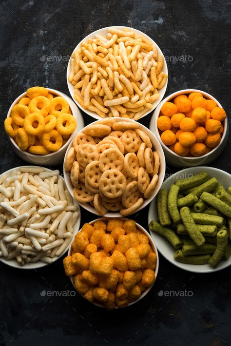 Group of Crunchy Snacks by stockimagefactory. Group of Corn Puff, cheese balls and rings, crispy salty Wheel fryums, puffed rice and potato #Sponsored #Puff, #Corn, #balls, #cheese Indian Snacks Photography, Chips Chaat, Snacks Photography, Corn Balls, Puff Corn, Crunchy Snacks, Corn Puffs, Eating Food Funny, Food Texture