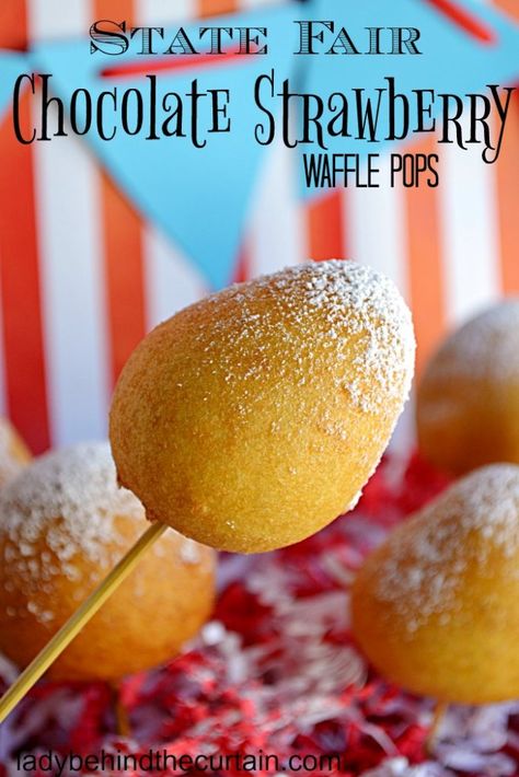 State Fair Chocolate Strawberry Waffle Pops |  Okay, I don't claim to be an expert or anything but I think since there's fruit and waffle batter in this re Waffle Pops, Carnival Eats, Waffle Batter, State Fair Food, Fair Foods, Strawberry Waffles, Funnel Cakes, Carnival Food, Deep Fried Food