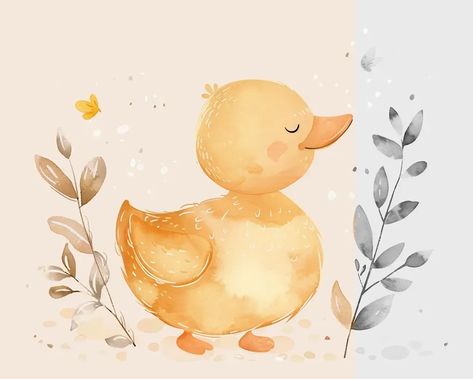 Full Color Image in ai-img-gen.com 🔸 A cute Duck in a Scandinavian style and pastel colors, with a hand drawn texture, watercolor splashe... 🔸 From Midjourney AI Image Texture Watercolor, Duck Illustration, Yellow Butterflies, Brown Leaves, Cute Duck, Color Image, Animals Art, Yellow Duck, Yellow Butterfly