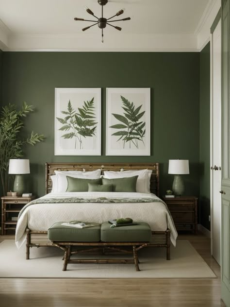 Create a tranquil green oasis by adorning the walls with nature-inspired artwork, such as leaf prints or botanical paintings. Pair it with bamboo furniture and incorporate plants for a fresh and calming atmosphere. Green Bedroom Walls, Natural Bedroom Decor, Green Bedroom Decor, Natural Bedroom, Sage Green Bedroom, Green Oasis, Bamboo Furniture, Green Bedroom, Green Walls