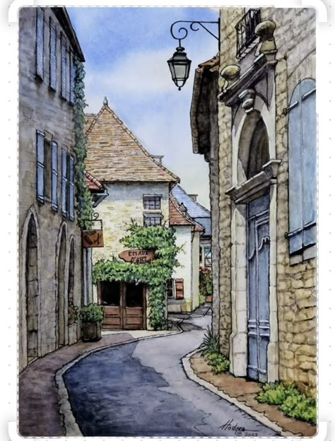 Street Drawing Watercolor, Building Art Watercolour, Urban Sketching Buildings, Town Drawing Buildings, Watercolour Buildings Paintings, Building Drawing Watercolor, Ink And Wash Watercolors, Watercolour Pen Art, Watercolor Art Buildings