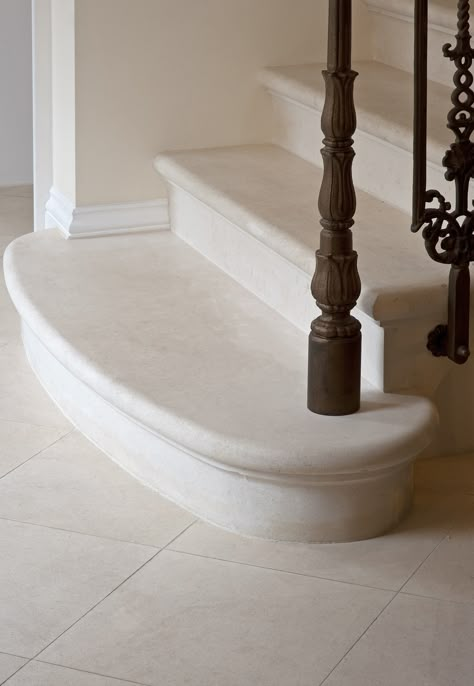 Stonework by Stone Design London - two -flight cantilever staircase in rare French Limestone. Under Bryen Langley Ltd. management as Main Contractor Natural Stone Stairs Interior, Staircase Stone Design, Stone Interior Stairs, Stairs Stone Design, Plaster Stairs, Granite Stairs Design, Limestone Stairs, Stone Stairs Interior, French Staircase