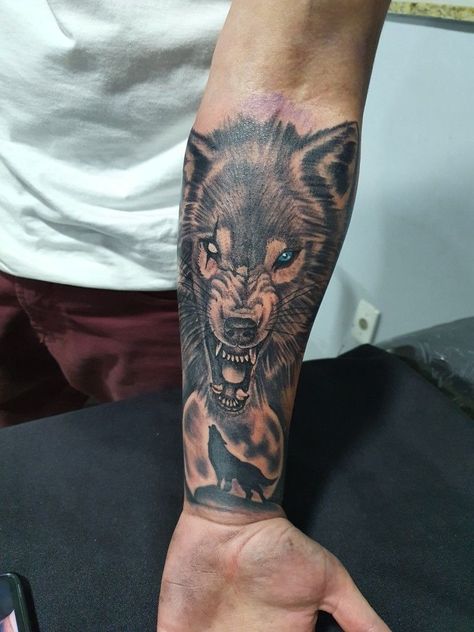 Good And Evil Wolf Tattoo, Wolf Tattoo Design Men Forearm, Lone Wolf Tattoo Men, Wolf Shoulder Tattoo, Snarling Wolf Tattoo, Angry Wolf Tattoo Design, Half Wolf Tattoo, Angry Wolf Tattoo, Black Wolf Tattoo