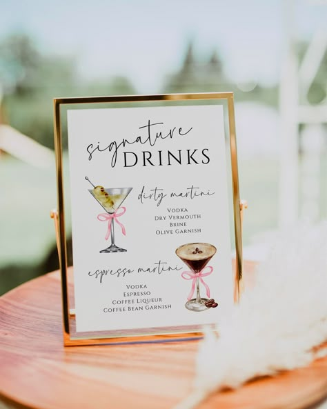 Welcome to the ultimate birthday celebration with our Editable Martini Bar Signature Drinks Sign Template, for your "A Tini Bit Older" themed party. This sophisticated and fun template is perfect for those looking to add a touch of class and whimsy to their special day. Whether it's a milestone birthday or simply another year to celebrate, this invitation sets the tone for an unforgettable evening. Our sign template features a stylish martini glass design with a pink coquette bow that captures t Martini Espresso, Expresso Martini, Martini Party, Cocktail Theme, Drinks Sign, Martini Bar, Drinks Bar, Drink Bar, Signature Drinks Sign