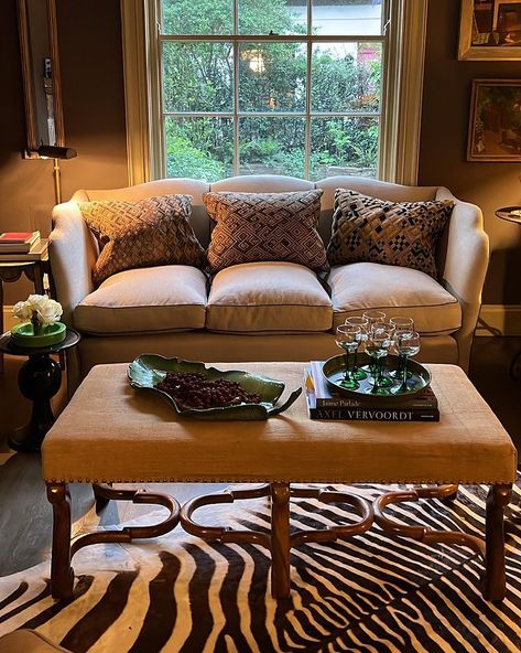 Janey Ginn (@janeyginn) • Instagram photos and videos Moody Maximalist Living Room, Maximalist Dining Room, Red Bookshelf, Moody Maximalist, Vintage Maximalist Decor, Maximalist Living Room, Library Living Room, Zebra Rug, Vintage Bathroom Decor