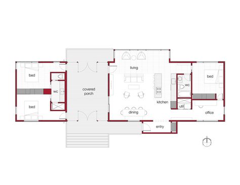 I love the idea of a dogtrot-style cabin -- a classic form that promotes natural air circulation. Also love how easy it would be to close this to a much smaller footprint for winter months -- i.e., shut down the two extra bedrooms. Dog Trot Floor Plans, Dogtrot House Plans, Dogtrot House, Dog Trot House Plans, Dog Trot House, Modern Cabin Plans, Greenhouse Diy, Outdoor Greenhouse, Pod House