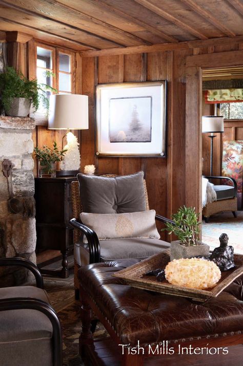 Cottage Interiors Wood Walls, Rustic Cabin Interior Walls, Log Cabin Accent Wall, Camp Living Room, Knotty Pine Walls Brick Fireplace, Pine Cabin Interior Wood Walls, Rustic Lodge Living Room Fish, Cabins In The Woods Interior, Cabin Furnishings