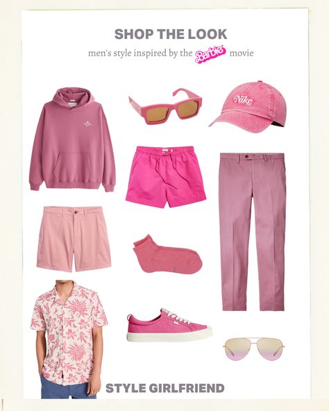 Barbie-pink styles for guys, including a hoodie, sunglasses, and baseball hat Barbie Pink Outfits, Barbie Inspired Outfits, Barbie Theme Party, Party Outfit Men, Style Girlfriend, Barbie Inspired, Men Tips, Barbie Theme, Outfits For Men