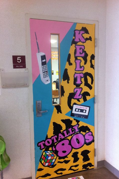 80's themed door decoration #80's #doordecor Decorated Hallways School, 80s Classroom Door, 80s Door Decorating, Decades School Theme, 80s Hallway Decorations, 80s Classroom, 80s Classroom Theme, Homecoming Hallways, Teacher Door Decorations