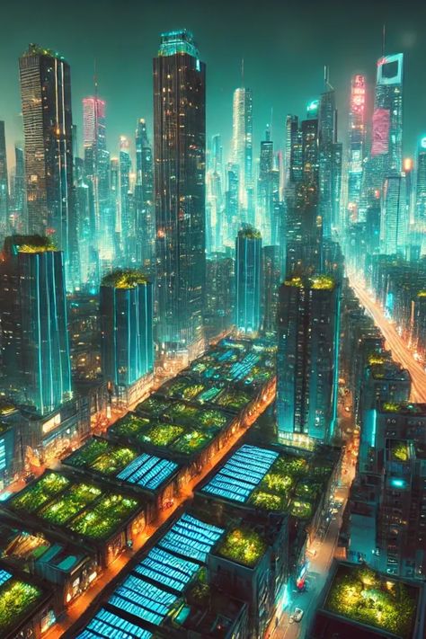 A cyberpunk future where neon-lit skyscrapers integrate with sustainable innovations like solar panels. This vibrant cityscape offers a glimpse into a future where urban life and ecological responsibility converge. Downloads Available @ https://slaacr.com Punk Cyberpunk, Solar Punk, Green Architecture, Green City, Bad Things, Futurism, Urban Life, Sustainable Design, Urban Design