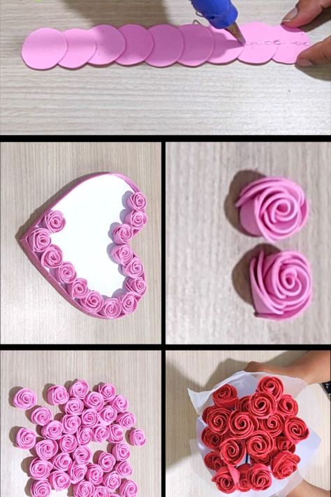 Rose Flower Making Trick Mother's Gifts Diy, Mother Gift Diy Craft Ideas, Roses Making Crafts, Foam Circle Crafts, Foam Ideas Craft, Diy Valentines Flowers, Easy Flowers Diy, Valentine Day Diy Decorations, Diy Foam Roses