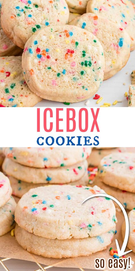 Icebox Cookies are filled with colorful sprinkles and buttery vanilla flavor. Make these ahead of time and store in your refrigerator or freezer until ready to bake! Delicious cookies fresh from the oven. Fridge Cookies, Refrigerator Cookies Recipes, Ice Box Cookies, Freezable Cookies, Icebox Cookie Recipe, Freezer Cookies, Ranger Cookies, Refrigerator Cookies, Icebox Cakes