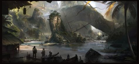 ArtStation - Pirate cove, Piotr Krezelewski Pirate City, Caribbean Pirates, Pirate Cove, Environment Inspiration, Monkey Island, Pirates Cove, Pirate Art, Landscape Concept, Fantasy Places