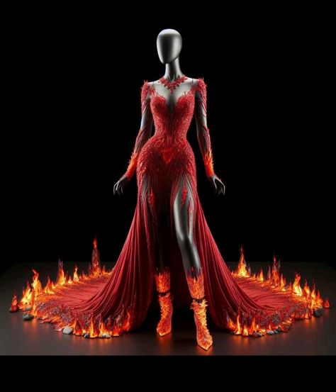 Fire Fashion Design, Fire Aesthetic Outfit, Fire Outfits Aesthetic, Fire Dress Drawing, Red Fire Dress, Fire Element Outfit, Fire Inspired Dress, Fire Themed Outfits, Fire Gown