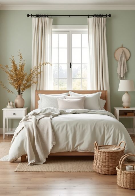 Sage Green Farmhouse Bedroom Light Green Farmhouse Bedroom, Cream And Light Green Bedroom, Guest Room Color Ideas, Sage And White Bedroom, Sage And Cream Bedroom, Sage Green And White Bedroom, Sage Green Farmhouse Bedroom, Green Farmhouse Bedroom, Sage Green Farmhouse