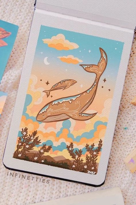 If you're looking for acrylic painting ideas, this beautiful sunset painting with floating whales is wonderful. Use pastel colors to create a whimsical feel. Painting On Notebook, Sunset Painting Ideas, Baby Whale, Gouache Art, Small Canvas Art, Arte Sketchbook, Dessin Adorable, Sunset Painting, Diy Canvas Art Painting