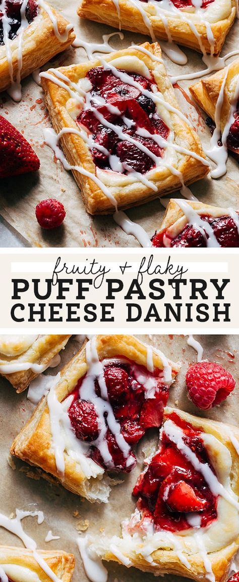 This cream cheese Danish recipe is super simple made with frozen puff pastry and Bonne Maman INTENSE Red Fruits Fruit Spread. It creates a really flavorful red fruit filling atop a layer of sweet cream cheese. They're like the grown up version of toaster strudels and are perfect to make for brunch! #ad #danishes #cheesedanish #brunch #puffpastry #butternutbakery #bonnemaman #HappyMothersDay | butternutbakeryblog.com Rasberry Cheese Puff Pastry, Fruit And Cream Cheese Breakfast Pastry, Raspberry Cheese Danish With Puff Pastry, Danish Using Puff Pastry, Puff Pastry From Scratch Recipes, Easy Fruit Danish Recipe, Blackberry Danish Recipe, Puff Pastry Fruit Danish, Strawberry And Cheese Danish